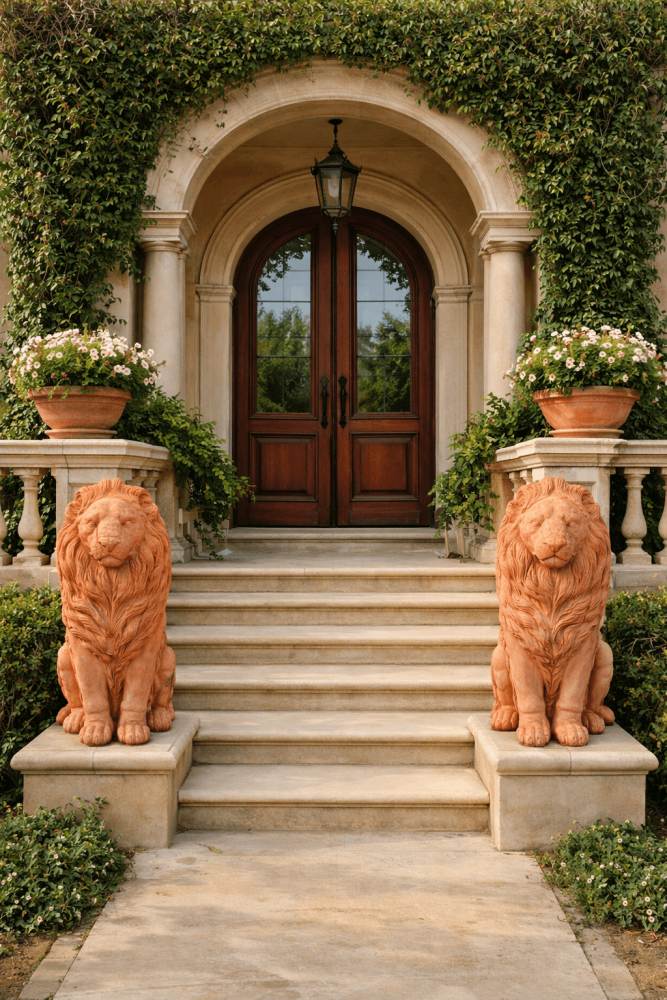 Grand lion en terracotta Galestro – statue de jardin majestueuse